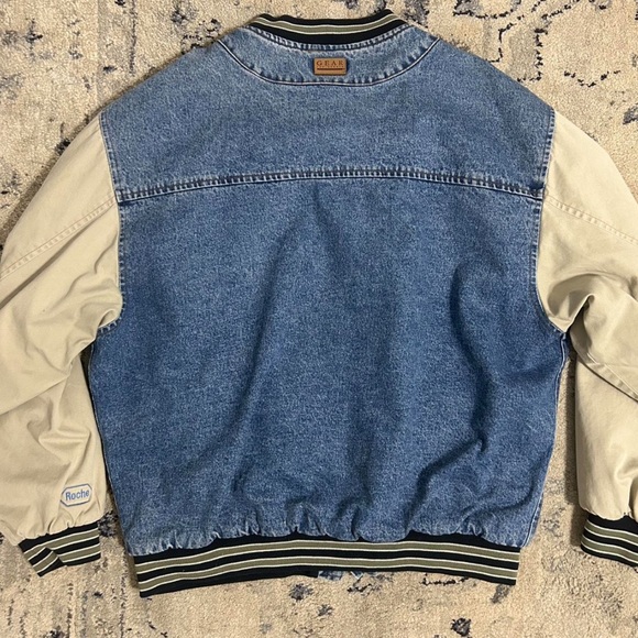 Vintage Denim Varsity Jacket with Beige Sleeves - Picture 2 of 8